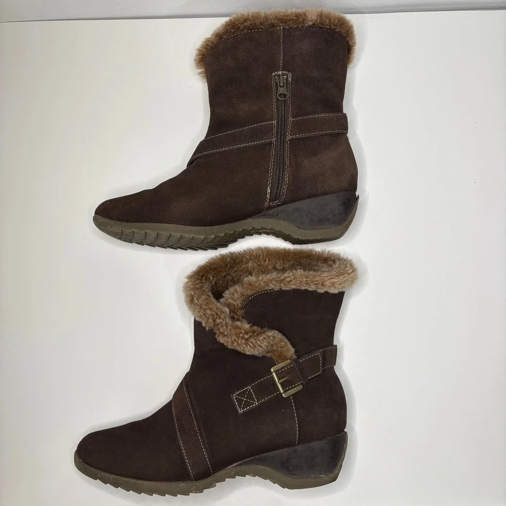Sporto Womens Nubuck Faux Fur Collar Wedge Ankle Boots Size 9.5M Brown Cozy Boho